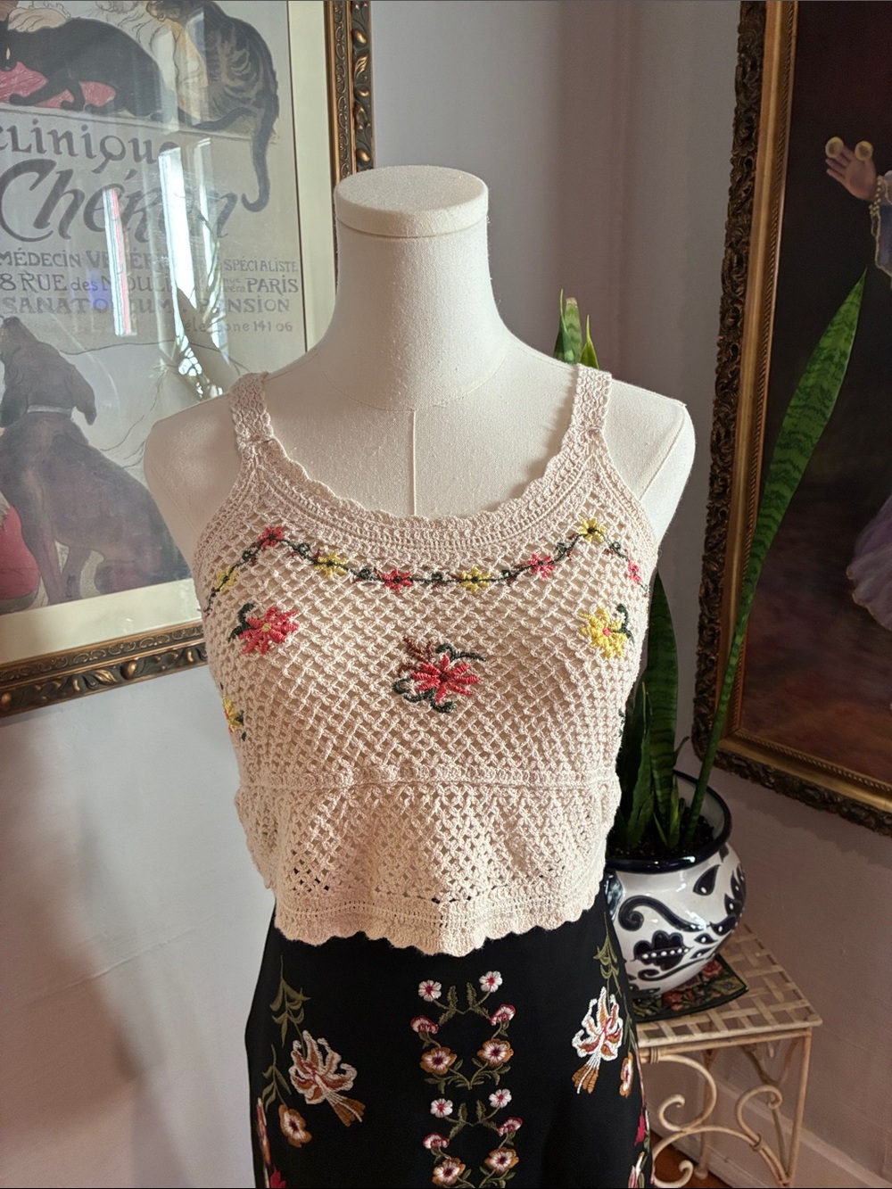 Rebellion Cream Crochet Boho Camisole with Pink & Yellow Floral Embroidery S